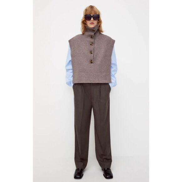 ZARA RIBBED KNIT VEST HIGH NECK BROWN BUTTONS - Picture 1 of 6